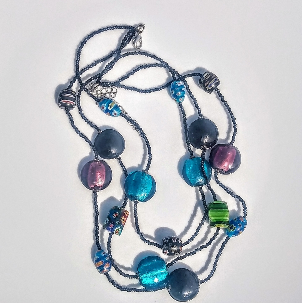 Blue, Purple, Black, Green Beaded Necklace